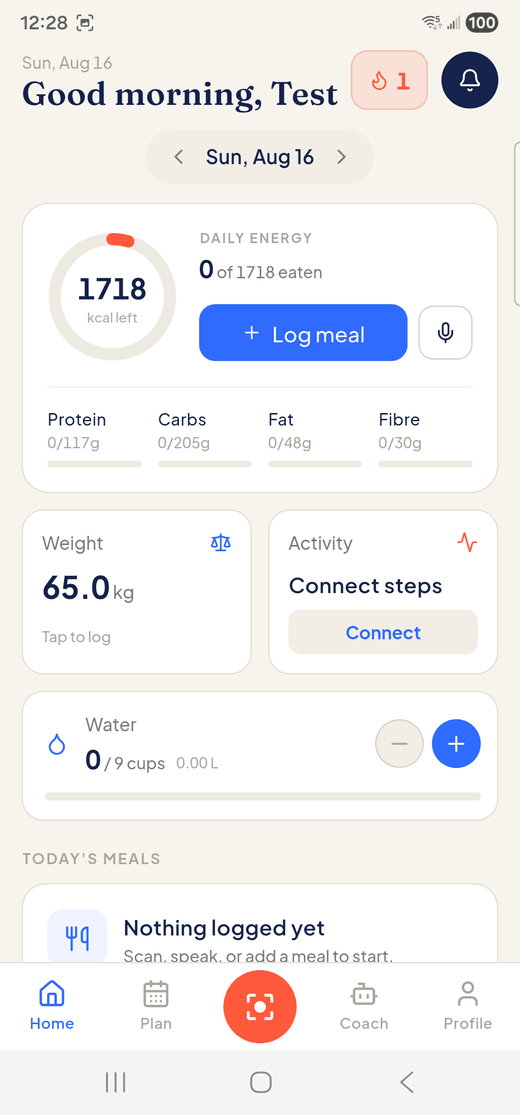 Nutari home dashboard with the daily energy ring and macros