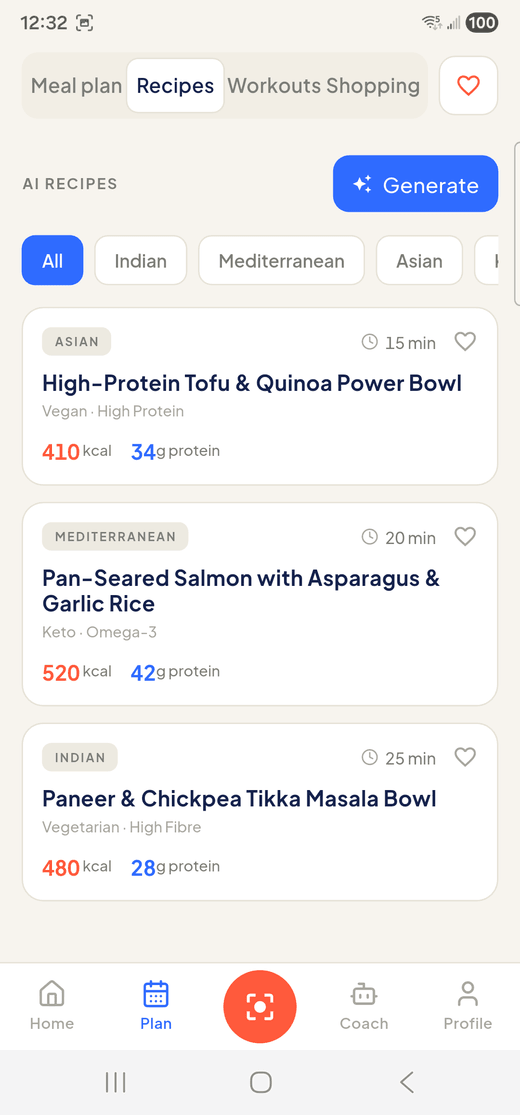 AI-generated recipes with calories and protein