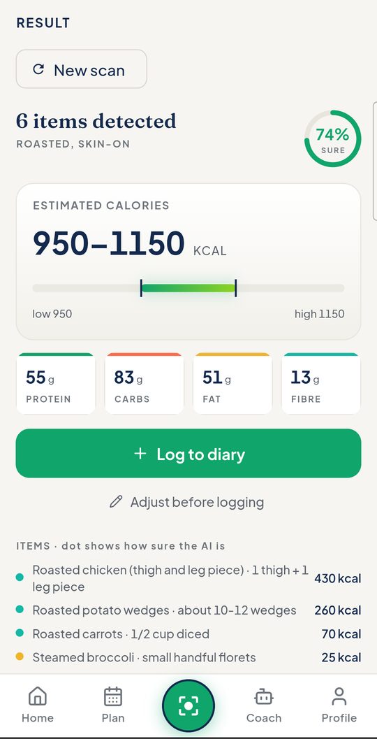Nutari scan result showing detected foods, calories and macros