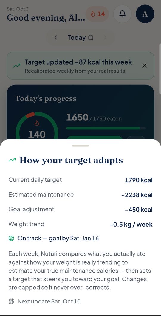 Nutari adaptive target screen showing maintenance calories and weekly weight trend